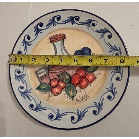 Blue & White wall Fruit Wine Plates‎ 8” Chinoiserie Kitchen Hand painted Signed - Picture 8 of 9